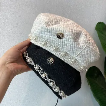 2021 Novo Mrežo Pearl Baretka octagonal klobuk slim modni klobuk ženske Pozimi in Jeseni Klobuk Za Ženske