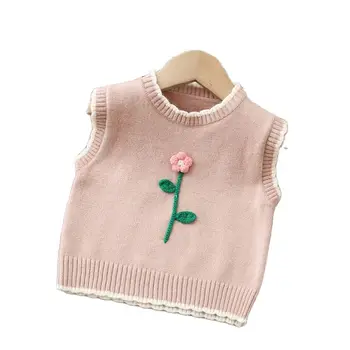 2022 Pomlad Jesen Baby Girl Obleke brez Rokavov Plesti Pulover 3D Dekoracijo Cvet Otroci Oblačila Za 1-5 Let