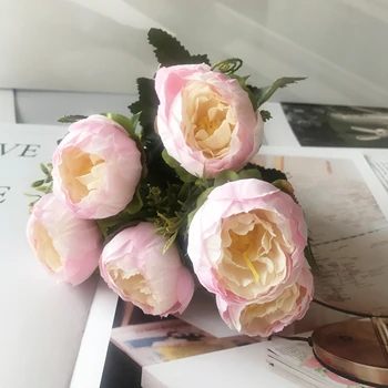 6 Glav Umetno Cvetje Belo Peony Tea Rose Jeseni Svile Ponaredek Cvetje Vaza za DIY Doma Vrt Poročna Dekoracija Ponaredek Rastlin