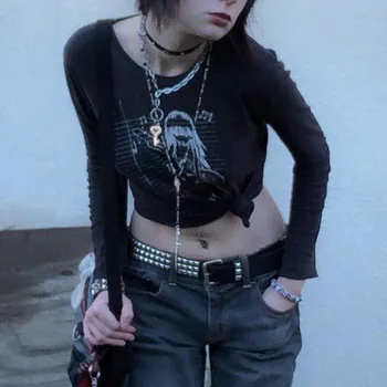 E-dekle Temno Univerzami Center Goth Tee Kitara Grafika, Tiskanje Obreži Zgoraj Y2K Estetike Letnik Black T-shirt letu 2000 Retro Grunge Oblačila