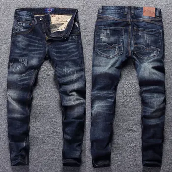 Italijanski Modni Stil Moške Jeans Retro Temno Modra Elastična Slim Fit Ripped Kavbojke Moški Ulične Letnik Oblikovalec Traper Hlače Hombre
