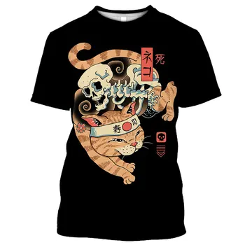 Japonski cat warrior samurai Suši Nov Vzorec Poliester Obrabe Mens T-Shirt Kratek Rokav Tiskanih Obleke Krog Vratu Poletne Karate