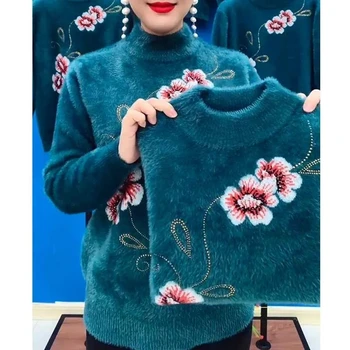 Mati Zimske Puloverje In Puloverji Nov Debel Imitacije Mink Žamet Pulover Priložnostne Vezenje Elastična Knitted Jumper Ženske Vrhovi