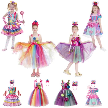 Nova Moda Baby Dekle Mavrica Sladkarije Princesa Obleko Otroci Halloween Kostum Pisane Obleke Žogo 2-12 Leto Otroci Oblačila