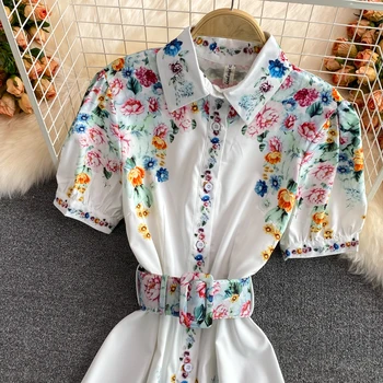 Palača Ženske Temperament Shirt Obleko Ženske Cvetlični Puff Rokav Visoko Pasu A-line Mini Vestidos Ženska Moda Plima Vestidos 2021