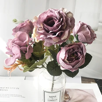 Umetno Cvetje Retro Svile Rose Šopek Hydrangea Peony Letnik Nevesta Holding Ponaredek Cvet Doma, Poroka Dekoracija Dodatna Oprema